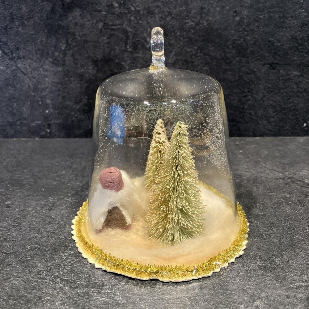 Vintage Cloche Glass Bell Christmas Tree Igloo Ornament Diorama 4.5"